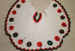 Vintage Handmade Knitted Crochet Red,  Green,  White Tree Skirt 23 Inch
