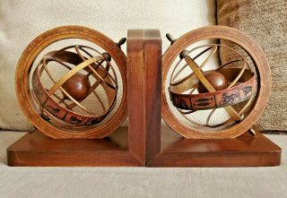 Vintage Brass Globe Bookends Olde World Astrological Rotating Wood Italy