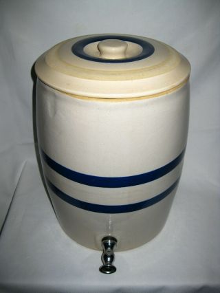 Vintage Stoneware Crock Water Cooler Blue Bands Spigot Usa