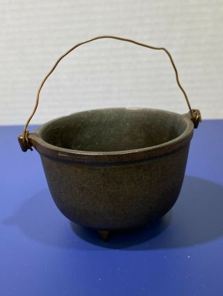 Vtg Miniature Cast Iron Cauldron 3 Leg Wire Handle Smelting Pot With Ears