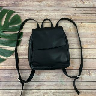 Tignanello Vintage Leather Backpack Purse Bag Black Flap Pocket Solid 90s