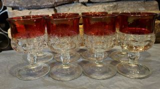Set of 8 Vintage Indiana Glass King ' s Crown Thumbprint Cranberry Goblet Stemware 2