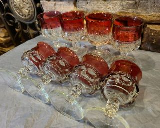 Set of 8 Vintage Indiana Glass King ' s Crown Thumbprint Cranberry Goblet Stemware 3