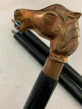 Antique Brass Horse Head Solid Handle Walking Stick Wooden Spiral Carved Cane