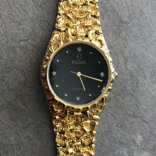 Vintage Elgin Mens Gold Nugget Style Watch Black Dial With Diamond Accent Dial D