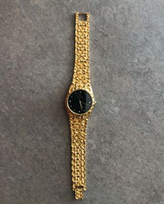 Vintage Elgin Mens Gold Nugget Style Watch Black Dial With Diamond Accent Dial D 3