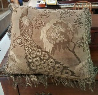Vintage Peacock Fringed Tapestry Made Into A Pillow 13x 15 1/2 Inches
