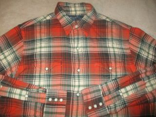 Vtg Mens Ralph Lauren Polo - Snap Down Western Flannel Shirt Red Plaid Medium