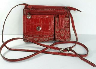 Brighton Vintage Red Croc Leather Logo Fabric Crossbody Organizer Bag