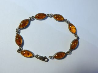 Pretty Vintage Solid Silver And Amber Bracelet - Marked 925 - Oval Cabochon
