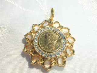 Gorgeous Vintage Gold Plated Rhinestone 1942 Dime Pendant Great Detail