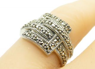 925 Sterling Silver - Vintage Marcasite Decorated Square Band Ring Sz 6 - R13029