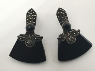 Vintage Art Deco Solid 925 Sterling Silver Black Onyx Marchasite Stone Earrings
