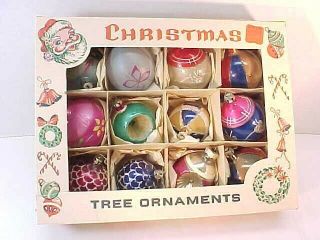 Mixed Box Of Vintage Glass Christmas Ornaments Indents,  Stripes,  Glitter