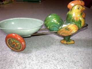 Vintage Tin Litho Rooster Pulling Egg - Shaped Cart Easter Toy With Wheels