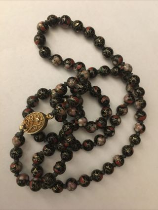 Vintage 1983 Cloisonne Necklace Hand Knotted Enamel Beads Chinese Floral Black