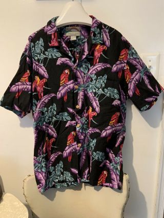 Vintage Hawaiian Shirt Men’s Xl Paradise Found Black With Parrots Magnum Pi