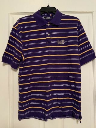 Vtg Lsu Tigers Purple & Gold Striped Mens Medium Polo Shirt By Crable Sportswear