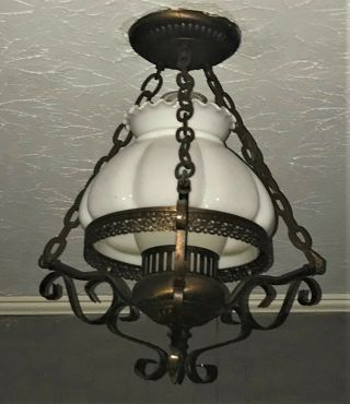 Vintage American Mcm Milk Glass Hobnail Hurricane Style Hanging Lamp Light