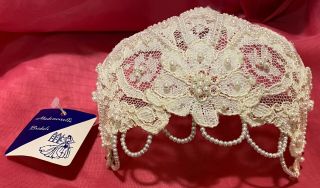 1960s Vintage Bridal Wedding Juliet Cap Lace & Pearl Headpiece (no Veil) W/ Tag