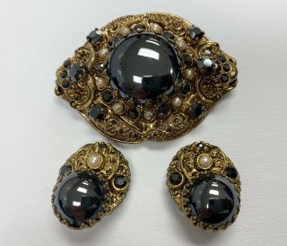 Vintage W Germany Hematite And Black Rhinestone Filigree Brooch & Earrings Set