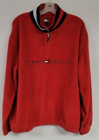 Mens Vintage 90s Tommy Hilfiger Fleece Pullover Spellout 1/4 Zip Red Mens Large