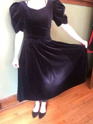 Vintage 80s Laura Ashley Blue Velvet Tea Dress Xs S