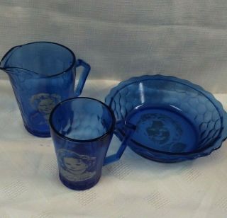 Vintage Shirley Temple Cobalt Blue Glass Pitcher & Bowl