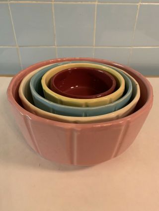 Vintage Set Of 5 Nesting Mixing Bowls Crocks Ceramic Stoneware Pastel Color Rare