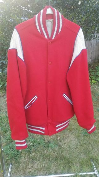 Lasley Knitting Co Vintage Letterman Jacket Size 40 Mens 1950s 60s Red Wool
