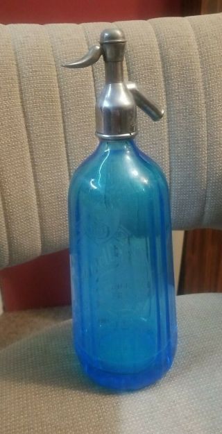Vintage F.  S.  Stowell Etched.  Blue Seltzer Bottle Chelsea S.  W.  3.  Table Waters
