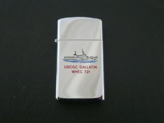 Vintage 1980 Slim Zippo Lighter Us Coast Guard Cutter Gallatin Whec 721