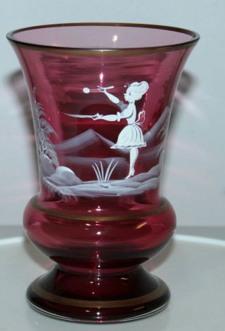 Vintage Vase Mary Gregory Cranberry Glass Girl Blowing Bubbles