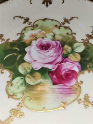 Antique Vintage Ak Limoges Porcelain Plate Painted Pink Roses Ornate Gold Shabby