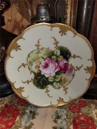 Antique Vintage AK Limoges Porcelain Plate Painted Pink Roses Ornate Gold Shabby 2