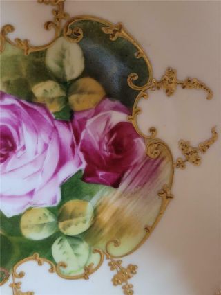 Antique Vintage AK Limoges Porcelain Plate Painted Pink Roses Ornate Gold Shabby 3