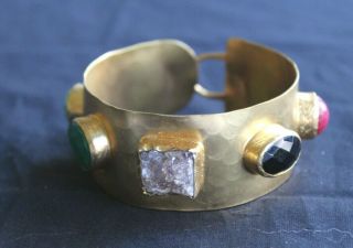 Vintage Gold Tone Metal Faux Semi Precious Stones Bangle Bracelet Made In Turkey