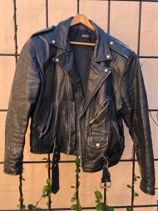 Vintage Black Leather Motorcycle Jacket Biker Ramones Destroyed Faded Mens Small