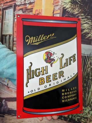 Old Vintage Heavy Miller High Life Beer Porcelain Enamel Gas Sign Brewery Bar