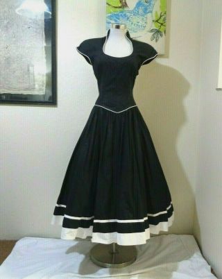 80s Geary Roark Kamisato Black Cotton White Trim Open Back Full Skirt Midi Dress