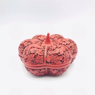 Vintage Chinese Carved Red Cinnabar Lacquer Pumpkin Form Box Black Interior