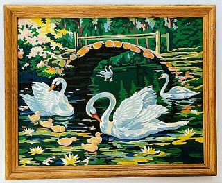 Vintage Paint By Number Swans Family Stone Bridge Frame