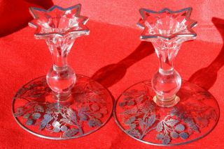 Vintage Pair Candlestick Candle Holders Glass Sterling Silver Overlay Mcm