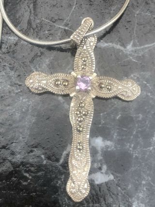 Vintage Sterling Silver Cross Religious Pendant Necklace Amethyst Marquis