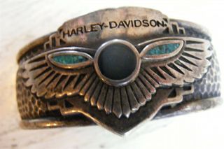 Vintage 1994 Harley Davidson Silver Cuff Bracelet W/turquoise & Onyx