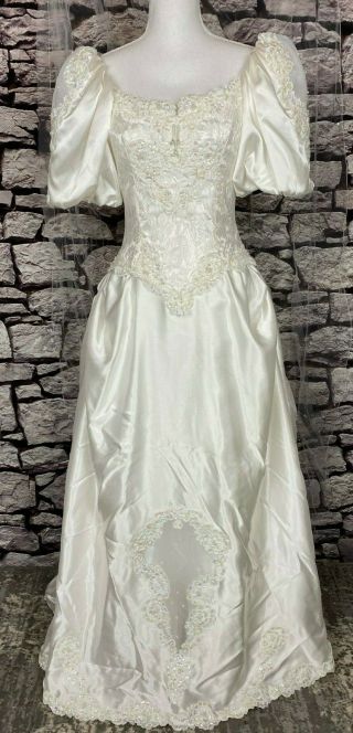 Vintage White Satin Wedding Gown Lace Sequins Pouf Sleeves Bustle Dress Size S