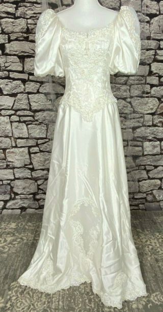 VINTAGE White Satin Wedding Gown Lace Sequins Pouf Sleeves Bustle Dress Size S 2