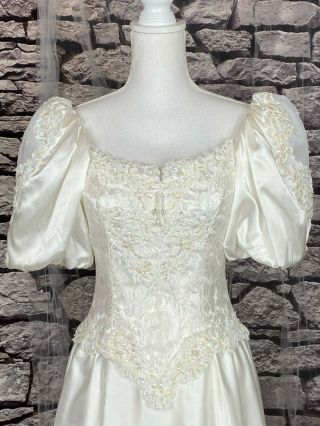 VINTAGE White Satin Wedding Gown Lace Sequins Pouf Sleeves Bustle Dress Size S 3