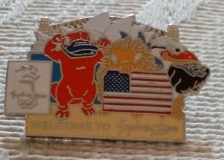 2000 Welcome To Sydney Olympic Pin Us Flag Mascots Syd Olly Millie