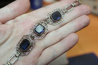 Antique Edwardian Blue Glass And Sterling Silver?? Bezel Set Bracelet Art Deco